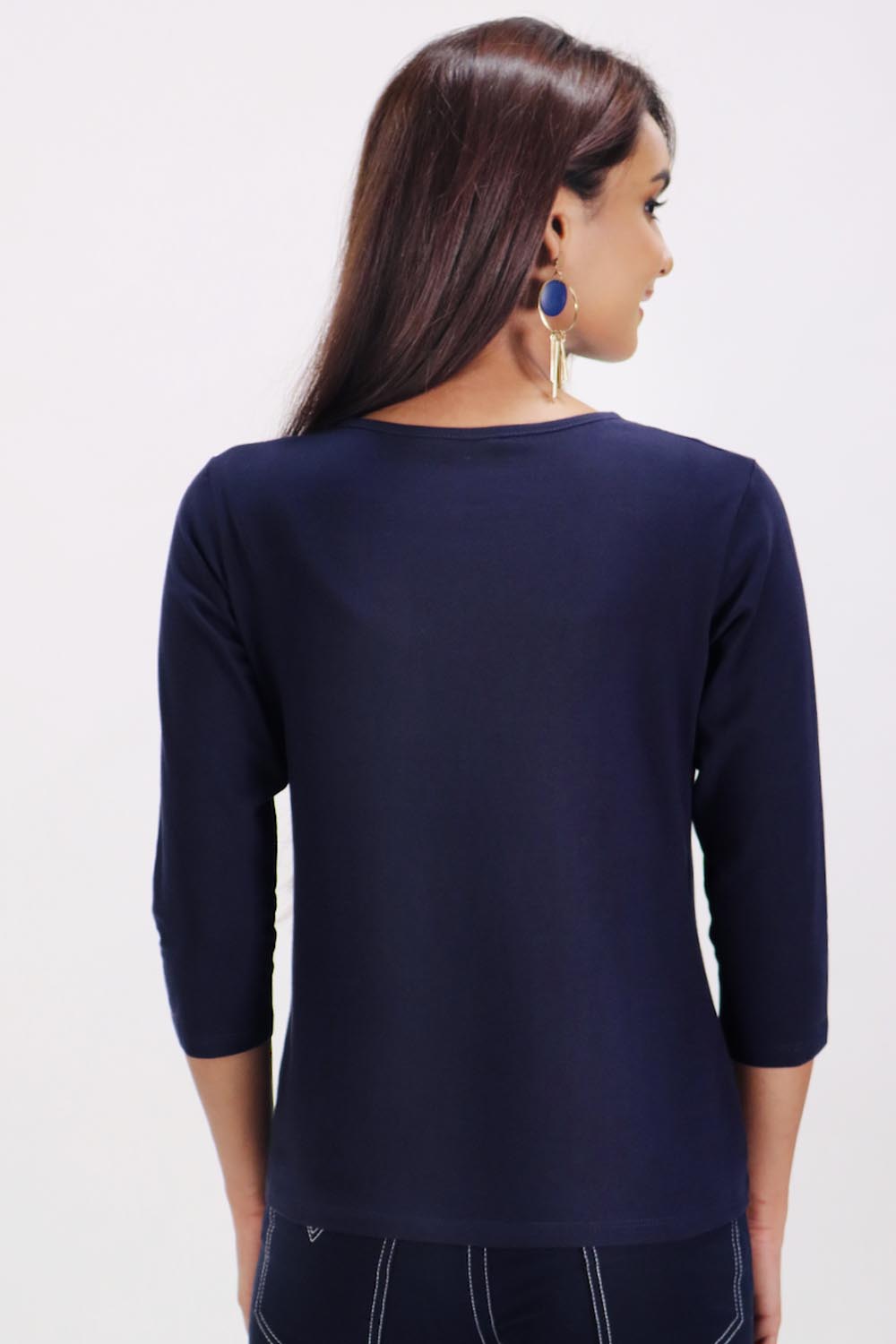 Plain Navy Round Neck Stretch Top