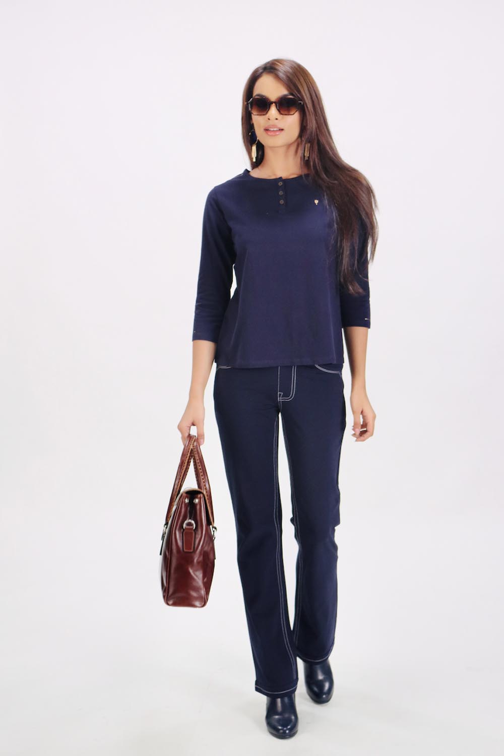 Plain Navy Round Neck Stretch Top