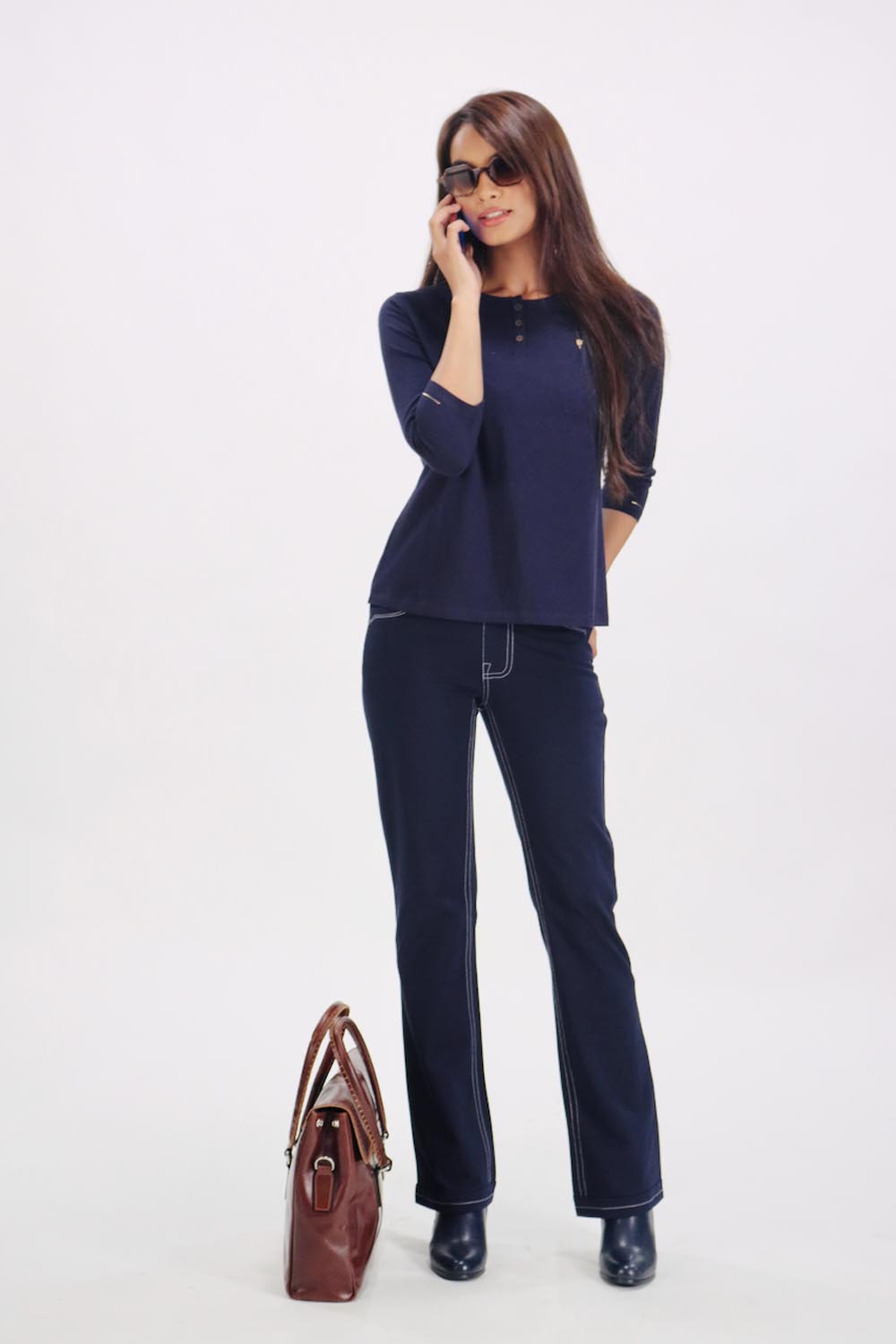 Plain Navy Round Neck Stretch Top