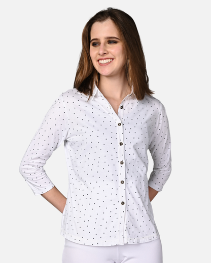 White Black Dot Cotton Stretch Shirt