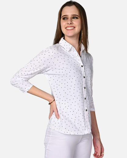 White Black Dot Cotton Stretch Shirt