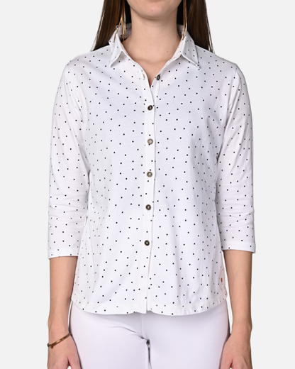 White Black Dot Cotton Stretch Shirt