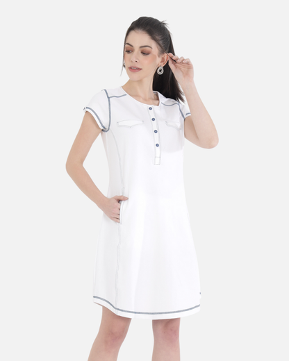 White Cotton Stretch Dress With Cap Sleeves and Black Threadwork