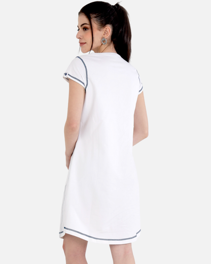 White Cotton Stretch Dress With Cap Sleeves and Black Threadwork