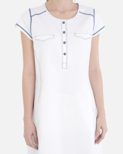 White Cotton Stretch Dress With Cap Sleeves and Black Threadwork