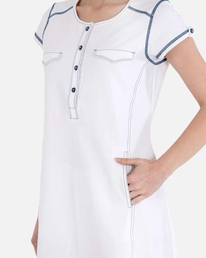 White Cotton Stretch Dress With Cap Sleeves and Black Threadwork