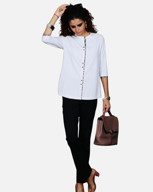 White Long Top with Animal Print Highlights