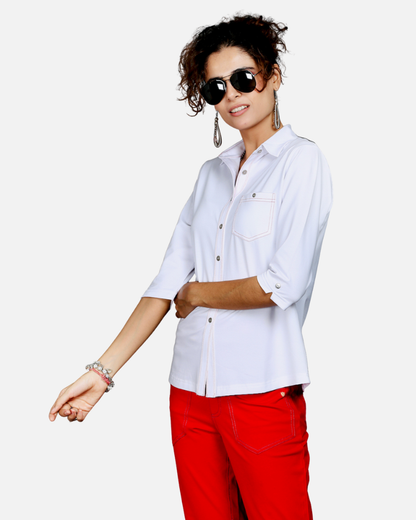 White Stretch Shirt with Red Stitch Details
