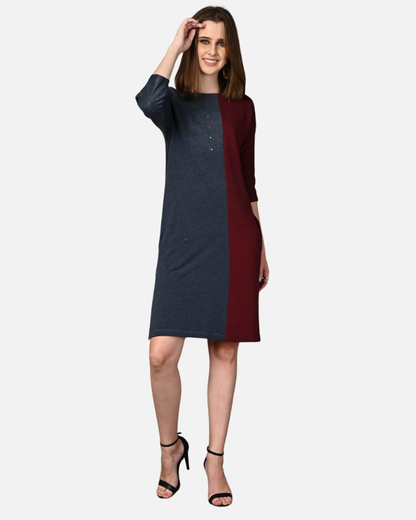 Wine and Blue Stretch Dress with Side Pockets