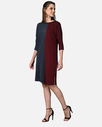 Wine and Blue Stretch Dress with Side Pockets