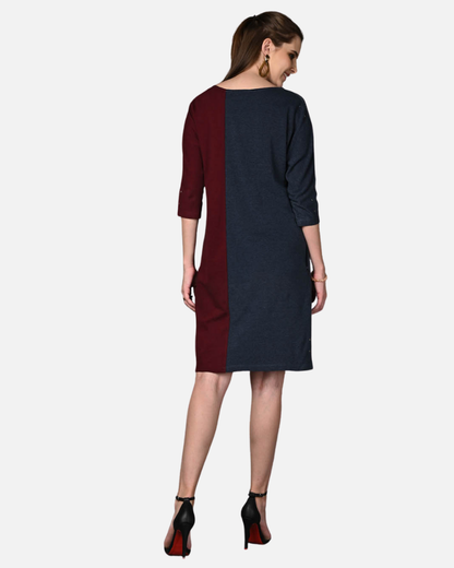 Wine and Blue Stretch Dress with Side Pockets