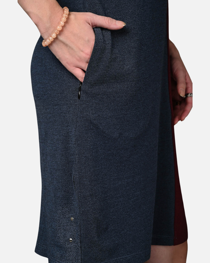 Wine and Blue Stretch Dress with Side Pockets
