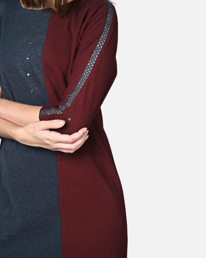 Wine and Blue Stretch Dress with Side Pockets