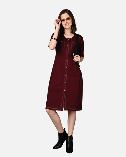 Wine Cotton Stretch Dress with Waist Adjuster