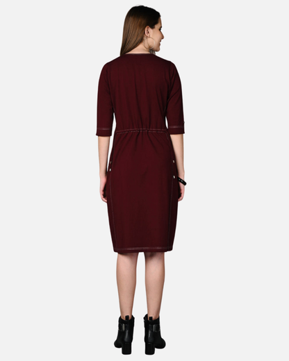 Wine Cotton Stretch Dress with Waist Adjuster