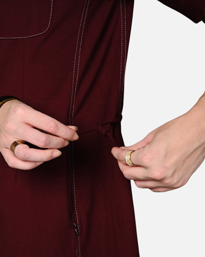 Wine Cotton Stretch Dress with Waist Adjuster