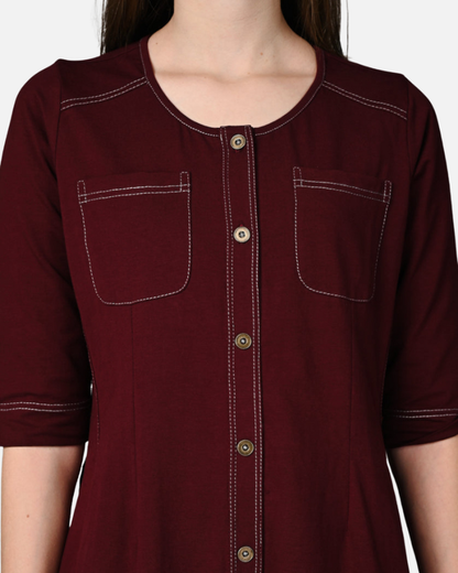 Wine Cotton Stretch Dress with Waist Adjuster