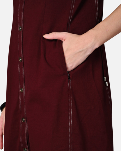 Wine Cotton Stretch Dress with Waist Adjuster