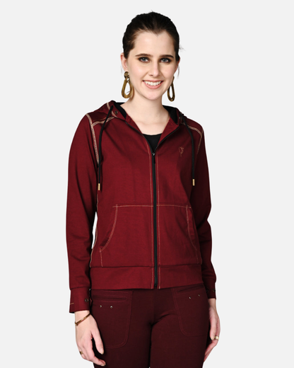Wine Cotton Stretch Zip-Up Hoodie