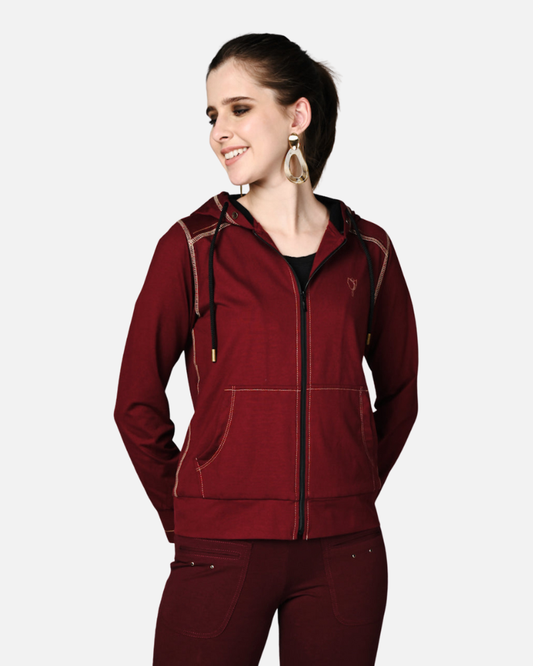 Wine Cotton Stretch Zip-Up Hoodie