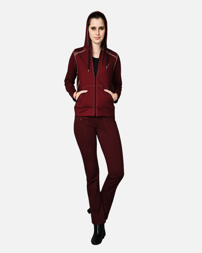 Wine Cotton Stretch Zip-Up Hoodie