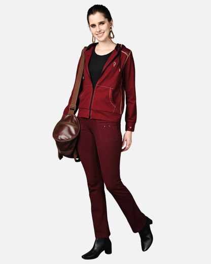 Wine Cotton Stretch Zip-Up Hoodie