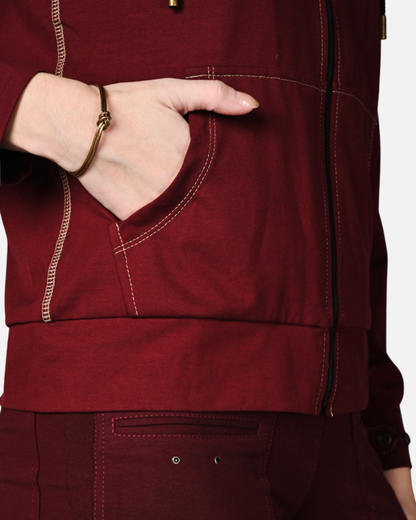 Wine Cotton Stretch Zip-Up Hoodie