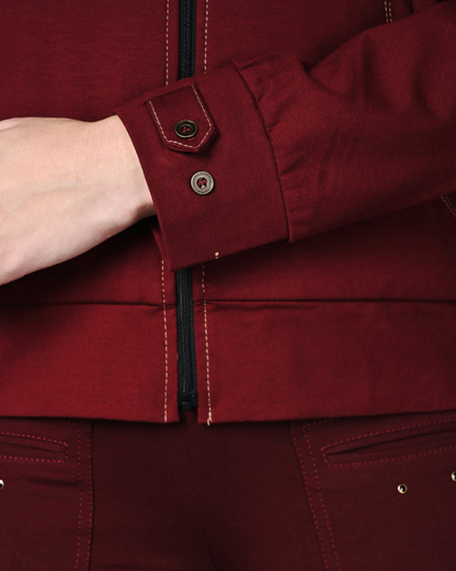 Wine Cotton Stretch Zip-Up Hoodie