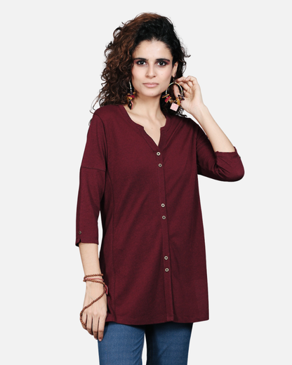 Wine Dual-Tone Long Stretch Shirt