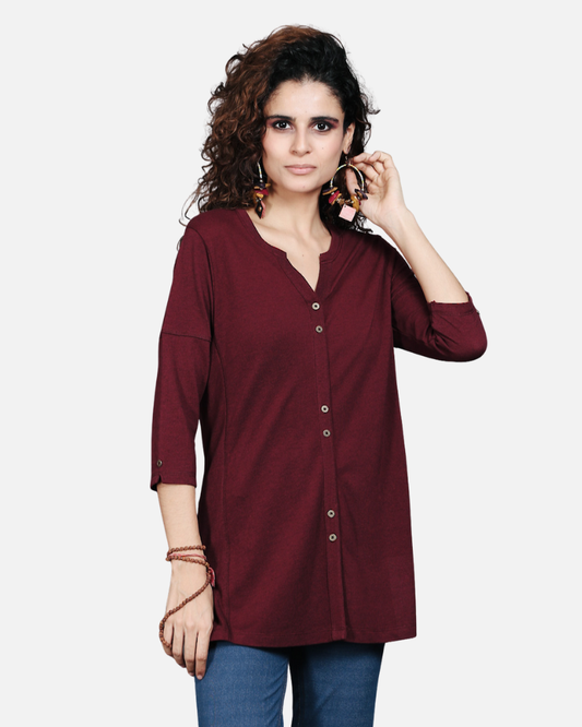 Wine Dual-Tone Long Stretch Shirt