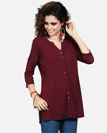 Wine Dual-Tone Long Stretch Shirt