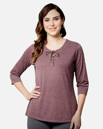 Wine Melange String Collar Stretch Top