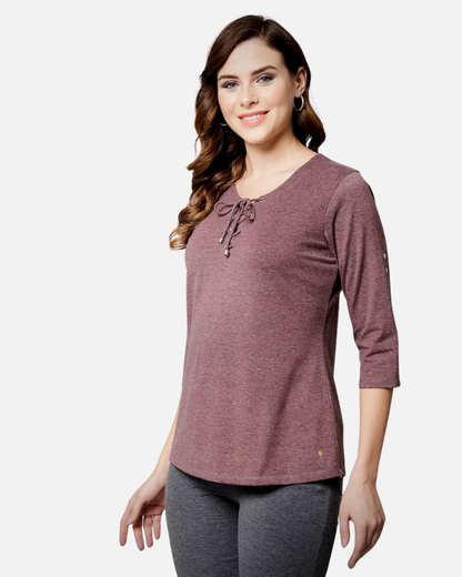 Wine Melange String Collar Stretch Top