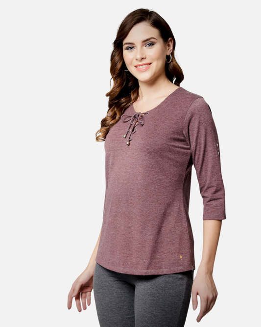 Wine Melange String Collar Stretch Top