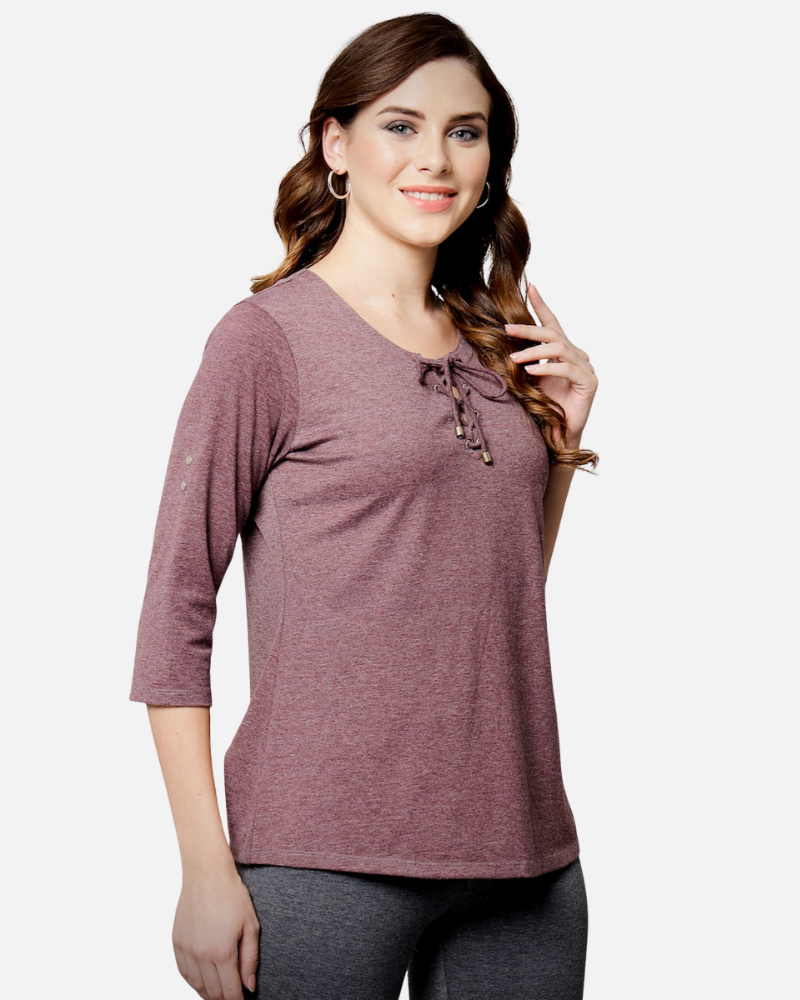 Wine Melange String Collar Stretch Top