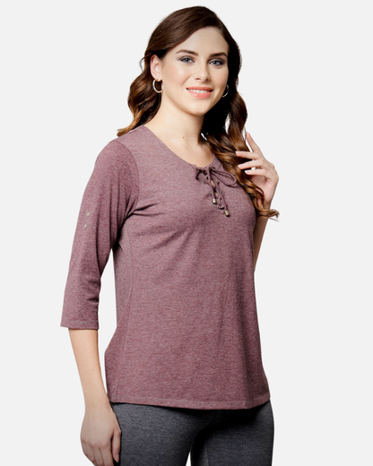 Wine Melange String Collar Stretch Top
