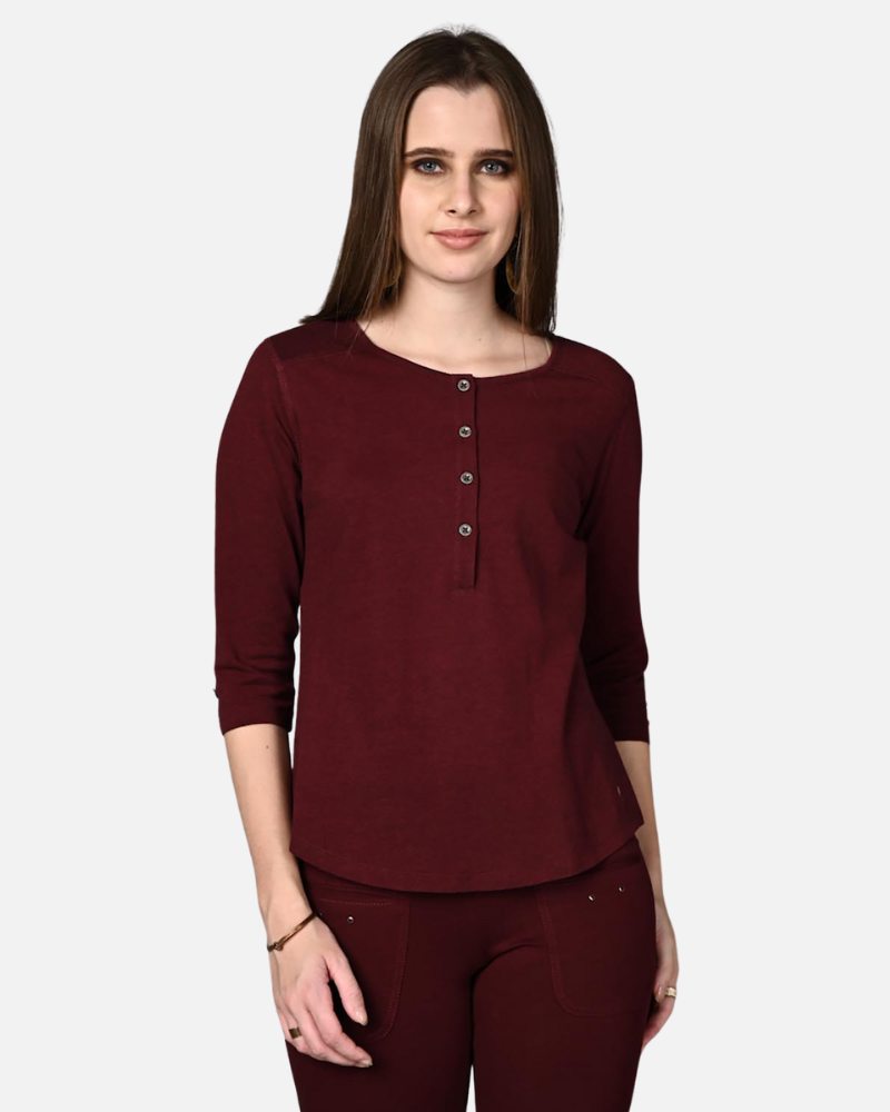 Wine Stretch Round Neck Top