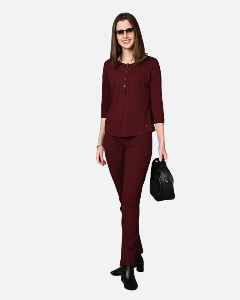 Wine Stretch Round Neck Top