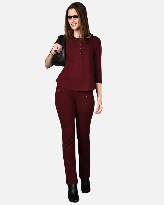 Wine Superior Cotton Stretch Flair Pants with Pockets