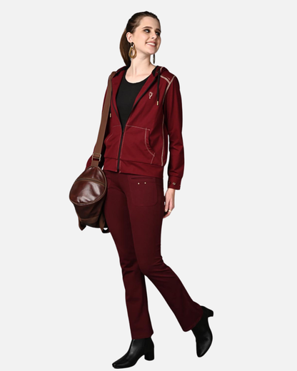 Wine Superior Cotton Stretch Flair Pants with Pockets