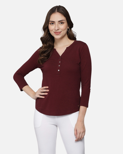 Wine Weave V Neck Stretch Top