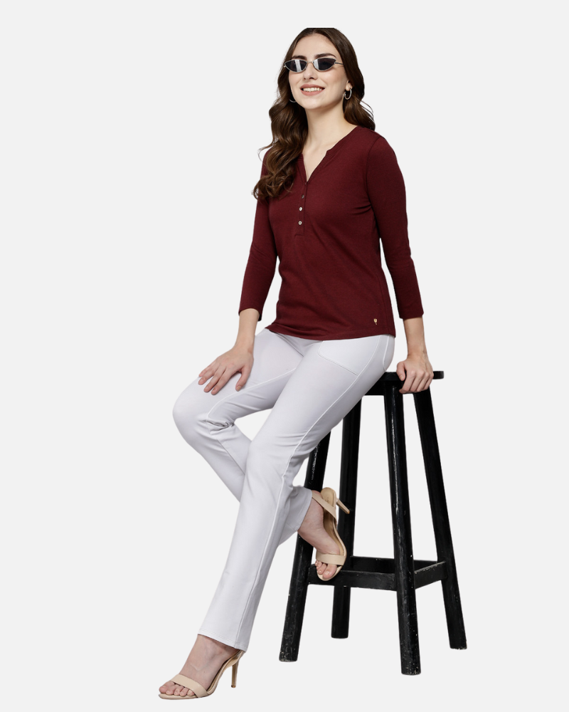 Wine Weave V Neck Stretch Top