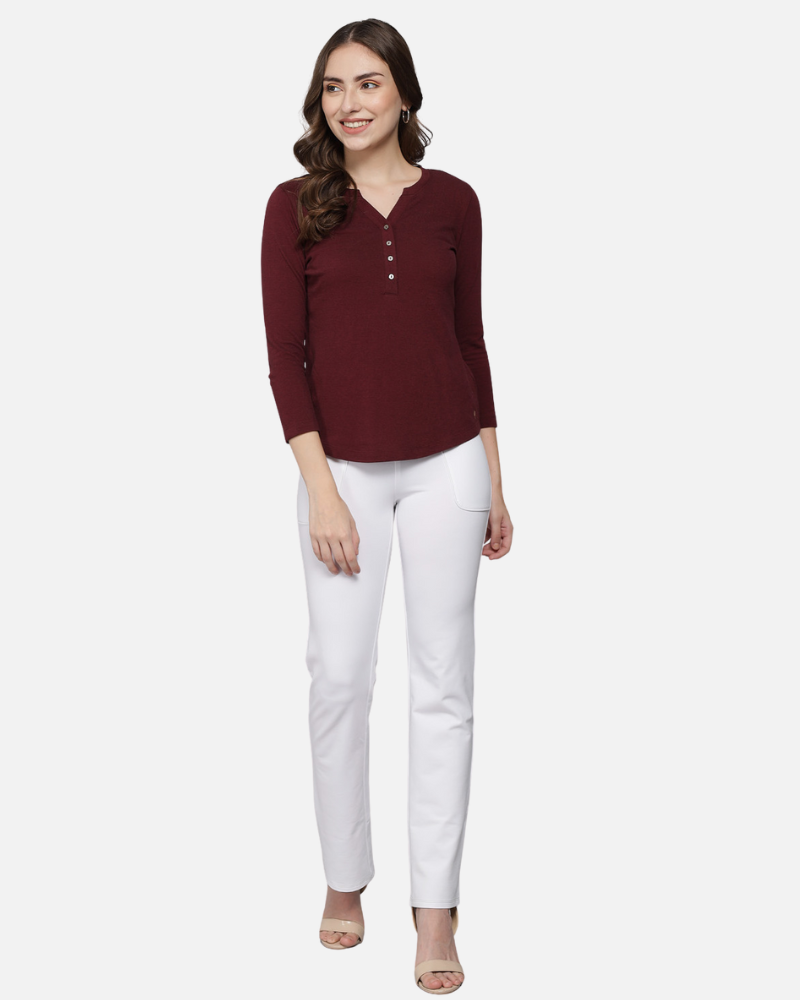 Wine Weave V Neck Stretch Top