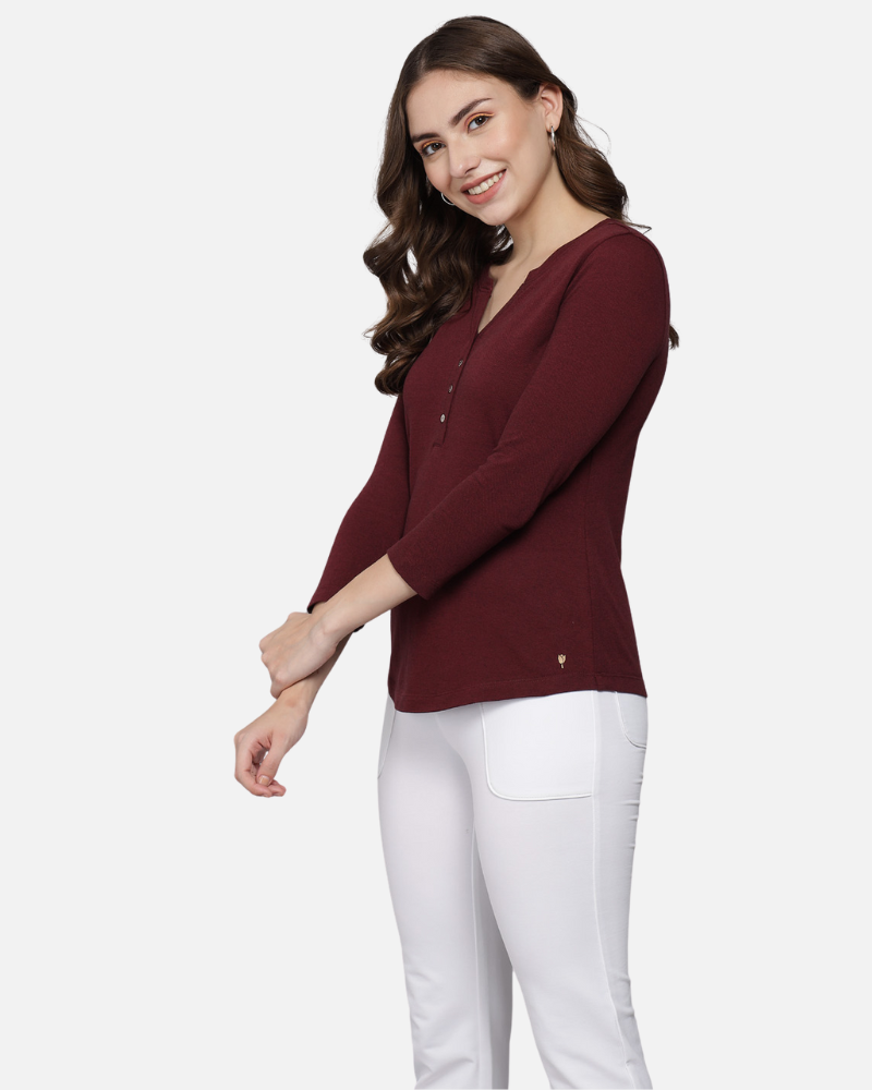 Wine Weave V Neck Stretch Top
