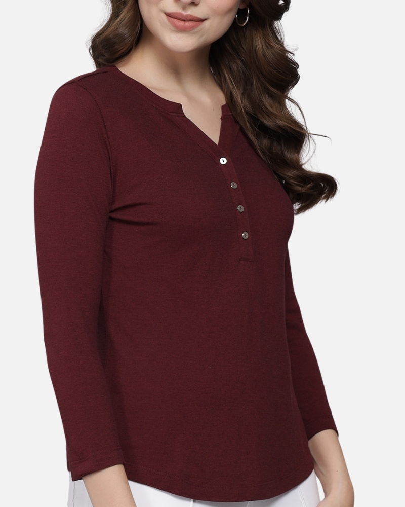 Wine Weave V Neck Stretch Top