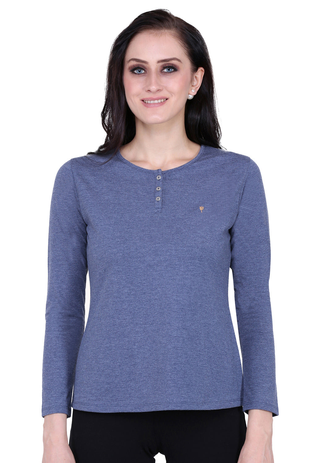 Plain Melange Blue Round Neck Stretch Top