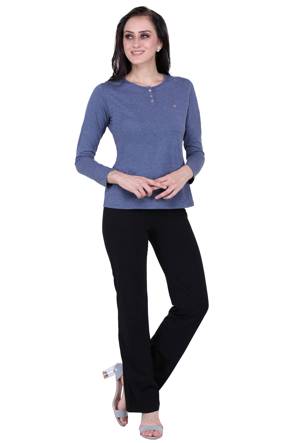 Plain Melange Blue Round Neck Stretch Top