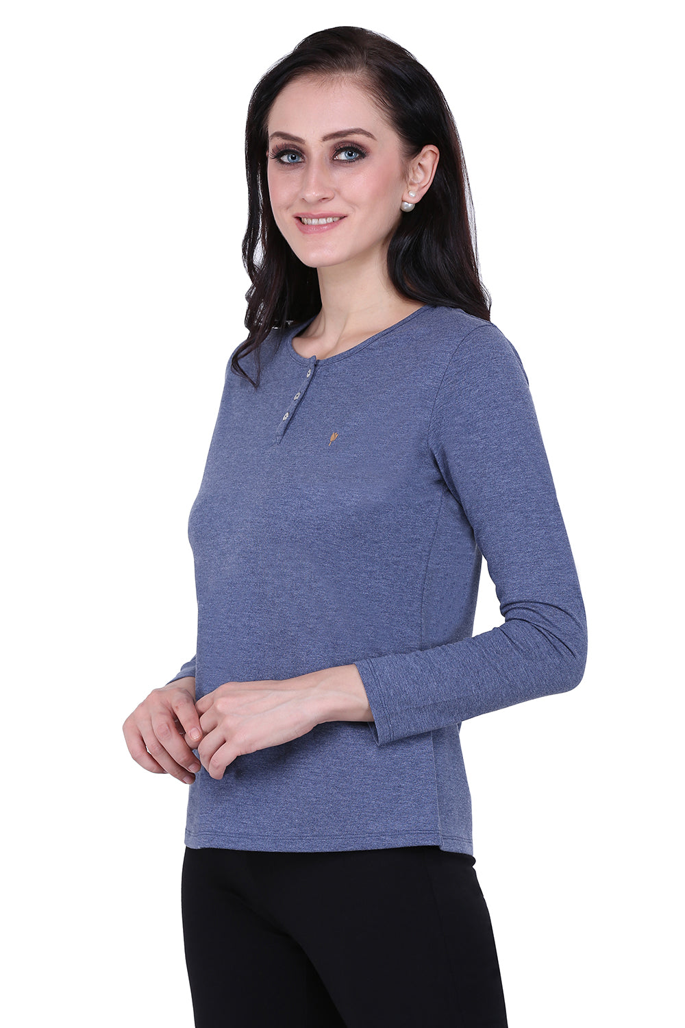Plain Melange Blue Round Neck Stretch Top