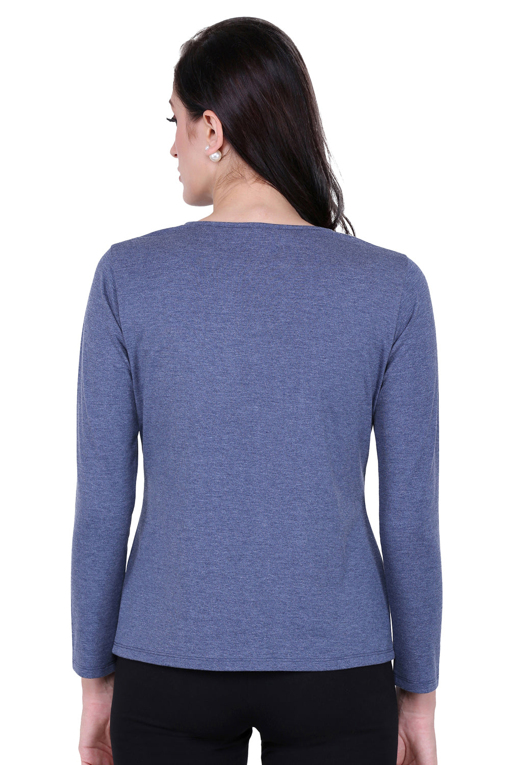 Plain Melange Blue Round Neck Stretch Top