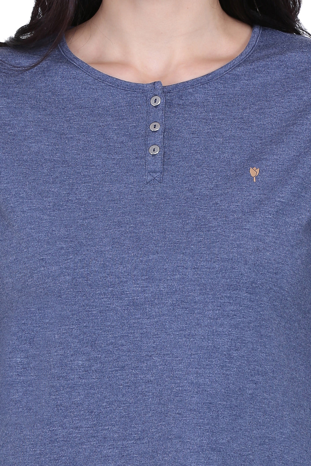 Plain Melange Blue Round Neck Stretch Top
